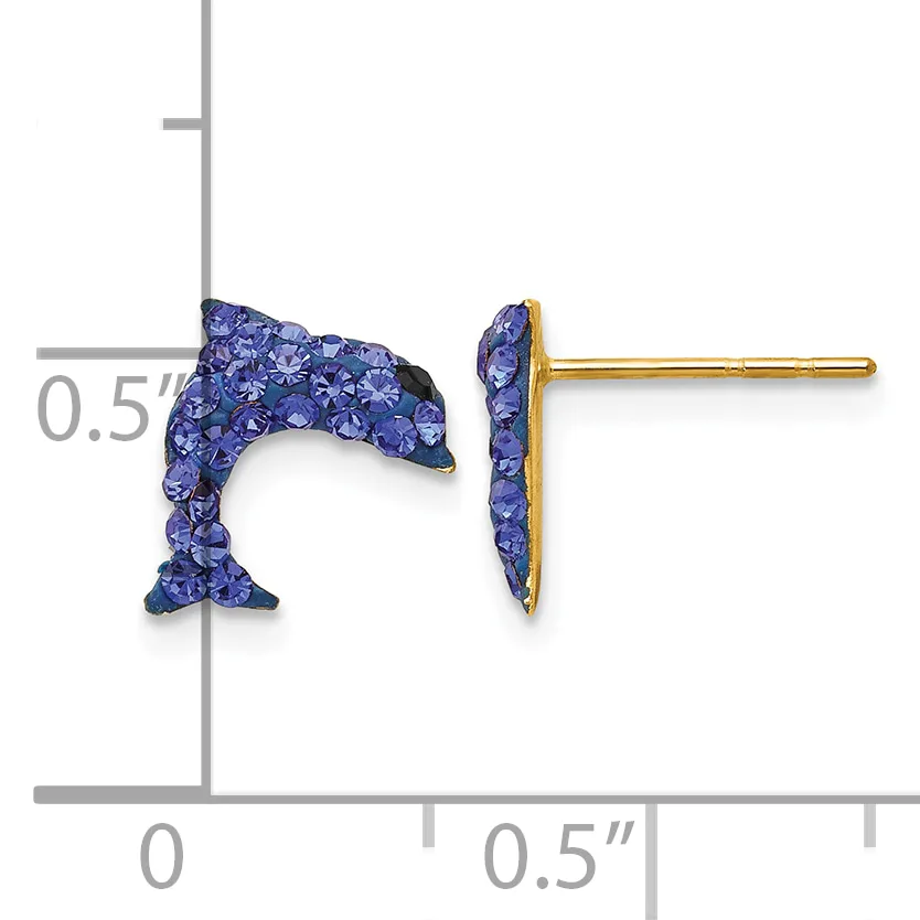 Pair of dolphin-shaped stud earrings with purple crystal pave setting and gold posts, shown with measurement scale indicating approximately 0.5 inches in height.