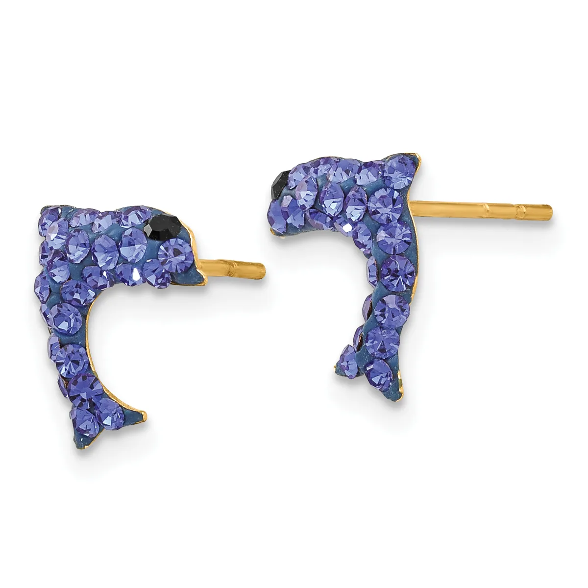 A pair of dolphin-shaped stud earrings with purple crystal pave settings and gold-tone posts and backs.