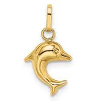 A gold dolphin charm pendant with a polished finish, suspended from a rectangular bail loop.