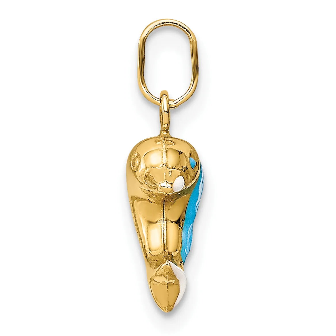 Gold-toned rocket ship charm with blue enamel detail on one side, suspended from an oval jump ring.