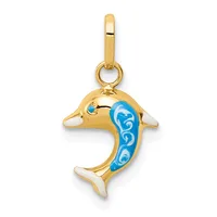 Gold dolphin pendant with blue and white enamel decoration, featuring a small blue stone eye and a looped bail for hanging.