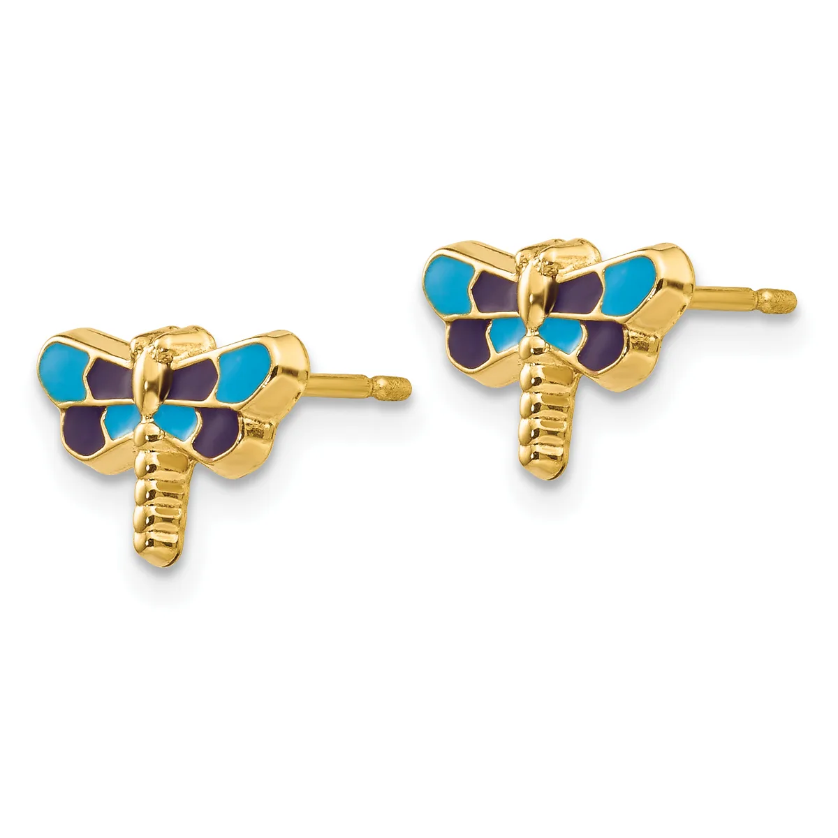 A pair of gold dragonfly stud earrings with blue and purple enamel wings and textured bodies, shown from the front.