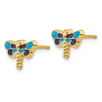 A pair of gold dragonfly stud earrings with blue and purple enamel wings and textured bodies, shown from the front.
