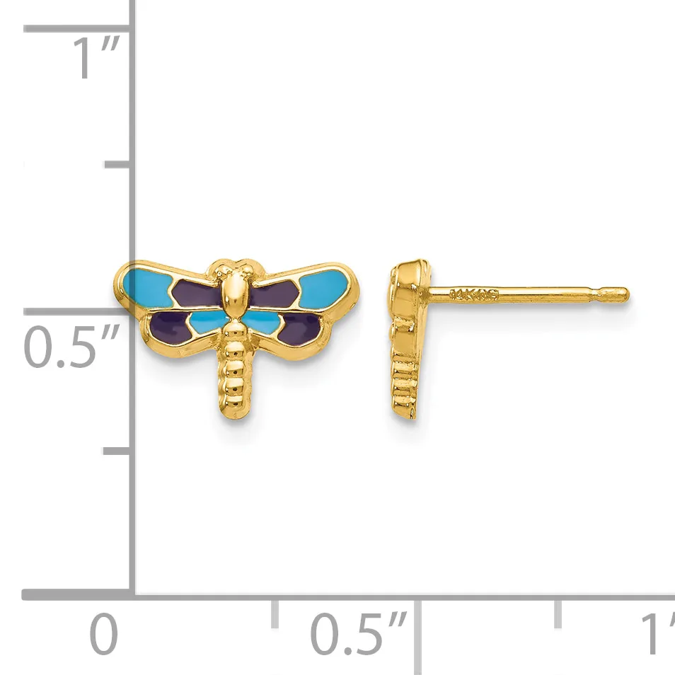 Gold-tone dragonfly stud earrings with blue and purple enamel wings, shown front and side view against a measurement scale.