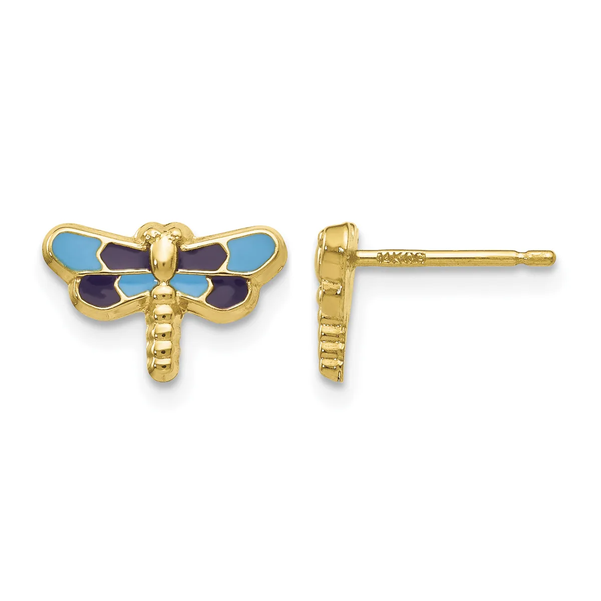 Pair of gold dragonfly stud earrings with blue and dark purple enamel wings, shown from front and side views.