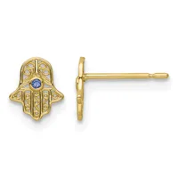 Pair of gold hamsa hand stud earrings with blue sapphire centers and small diamond accents, shown from front and side views.