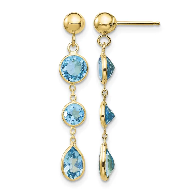 Pair of gold dangle earrings with blue topaz gemstones in graduated round and pear shapes, shown from front and side views.