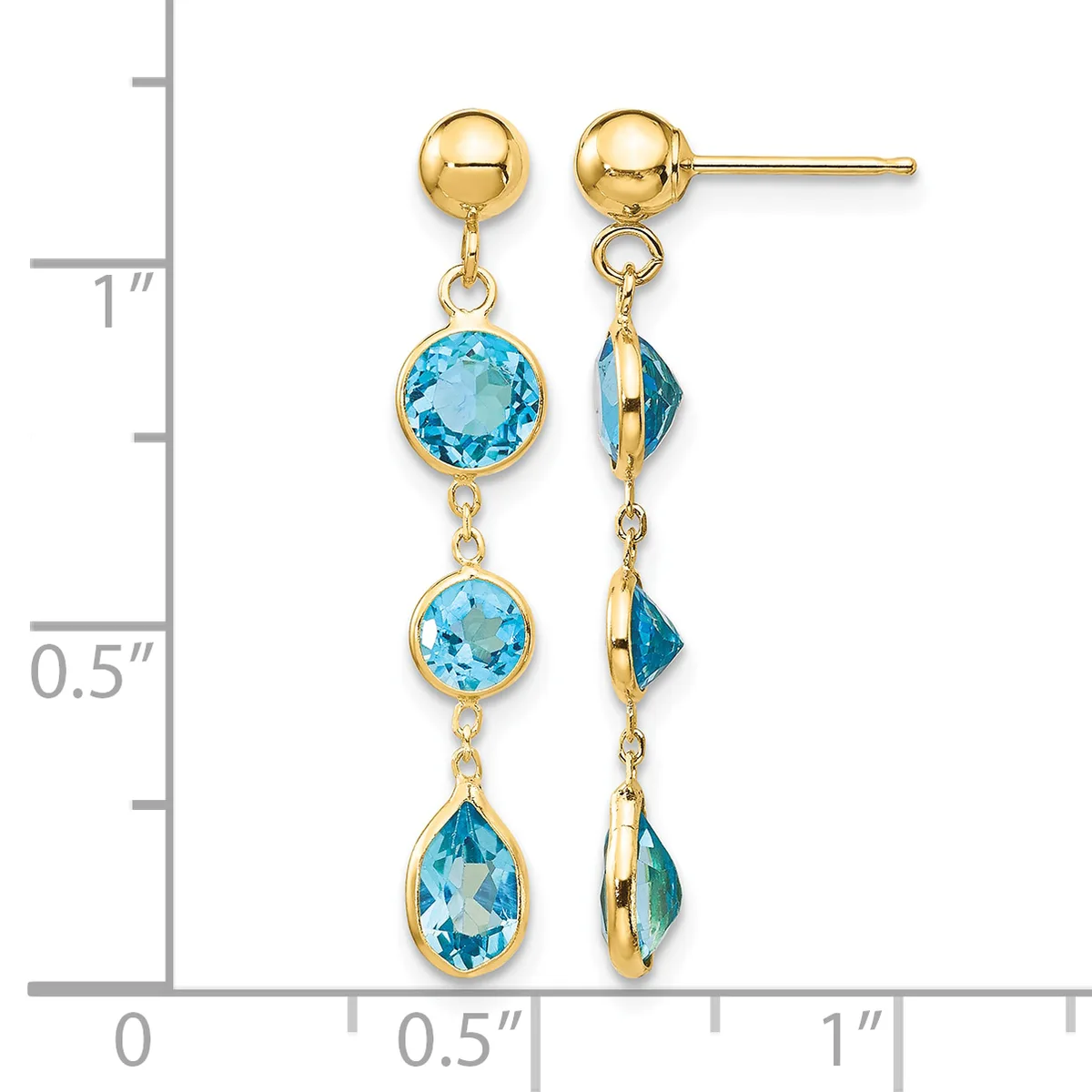 Pair of gold drop earrings with blue topaz gemstones in round and teardrop shapes, displayed against a measurement scale.