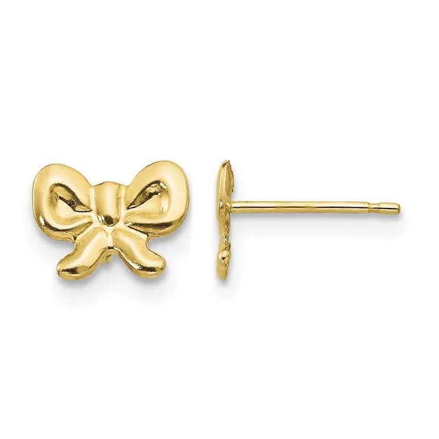 Pair of gold bow-shaped stud earrings shown from front and side view against a white background.