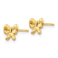 Pair of small gold bow-shaped stud earrings with polished finish and post backs, shown from the front.