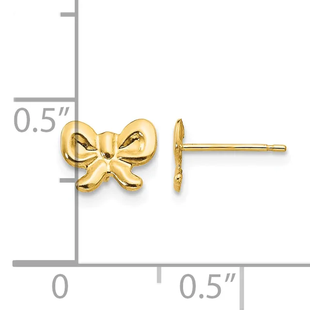 Gold bow-shaped stud earrings shown from front and side view with a measurement scale indicating approximately 0.5 inches in width.