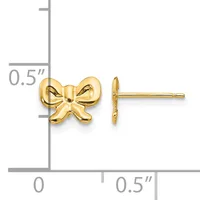 Gold bow-shaped stud earrings shown from front and side view with a measurement scale indicating approximately 0.5 inches in width.