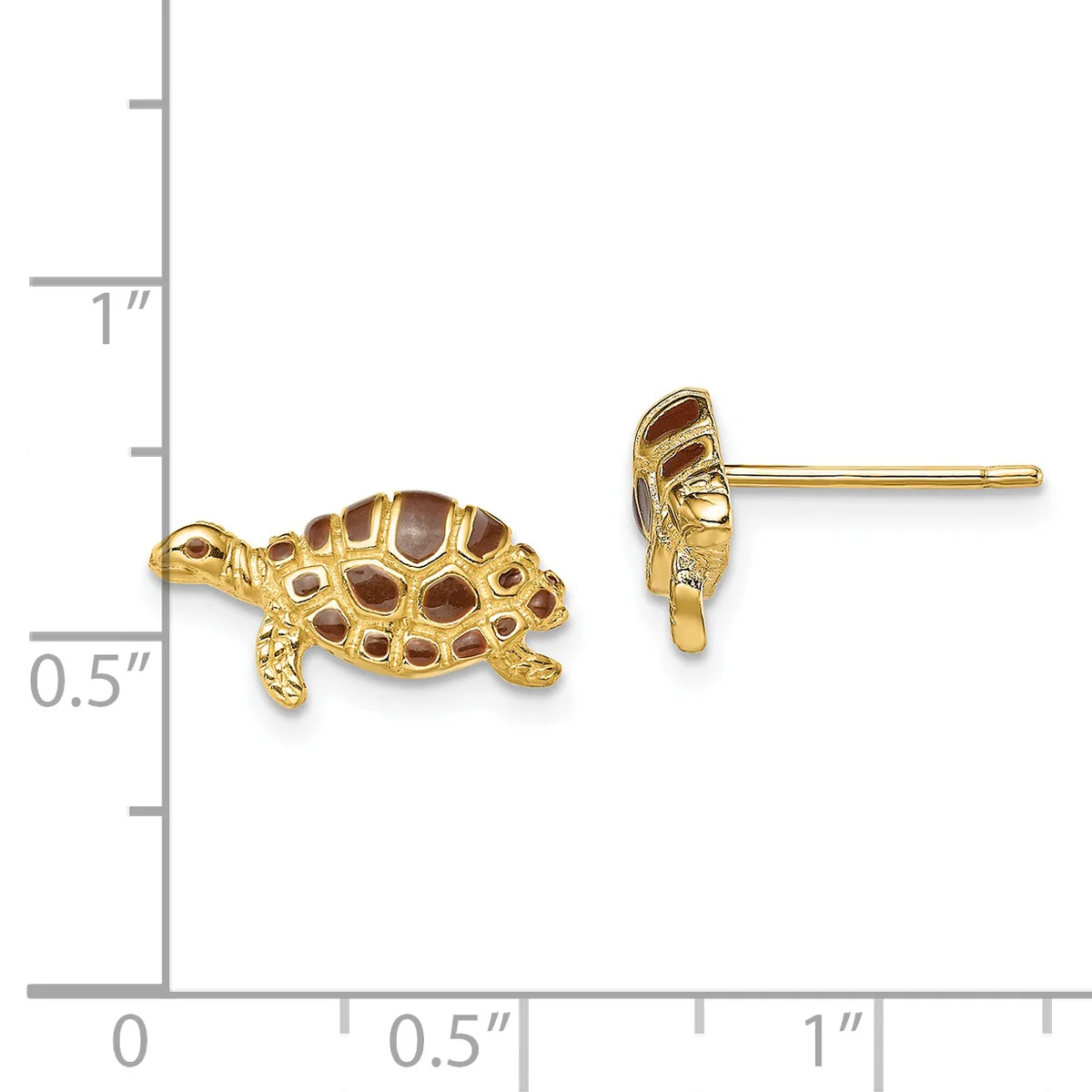 Gold turtle stud earrings with brown enamel shell details, shown front and side view next to a ruler for scale.