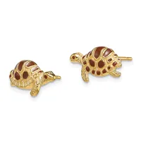 Pair of gold-colored turtle stud earrings with brown and red enamel shell details and post backs, shown from two angles.