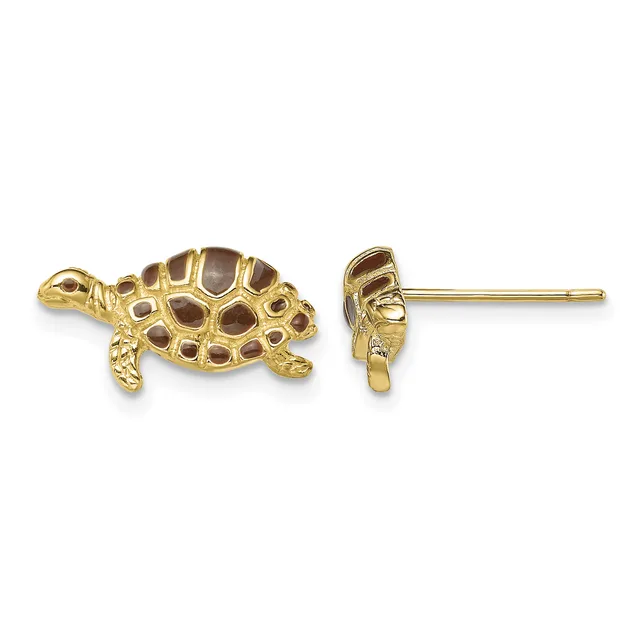 Gold turtle stud earrings with brown enamel shells, shown from front and side views on posts.