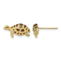 Gold turtle stud earrings with brown enamel shells, shown from front and side views on posts.