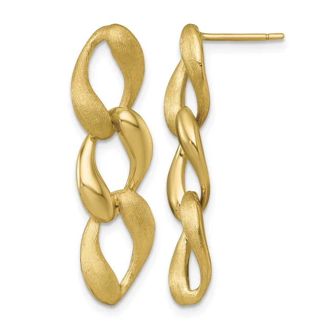 Pair of gold drop earrings with linked oval and curved link sections, featuring a brushed finish on alternating segments, displayed against a white background.