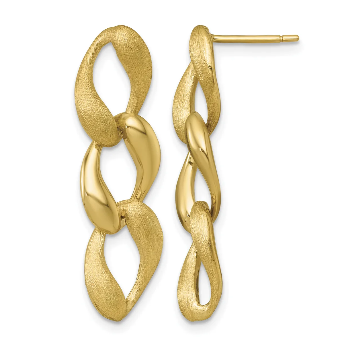 Pair of gold drop earrings with linked oval and curved link sections, featuring a brushed finish on alternating segments, displayed against a white background.