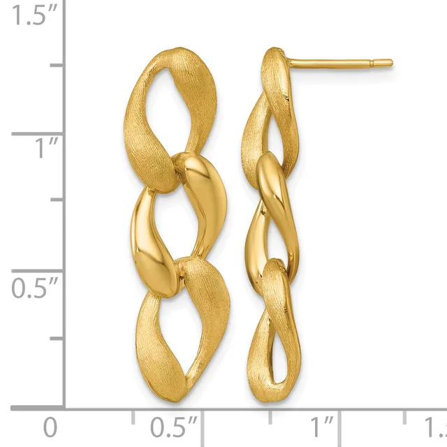 A pair of gold twisted chain link dangle earrings with textured and polished finishes, shown next to a ruler measuring approximately 1.25 inches in length.