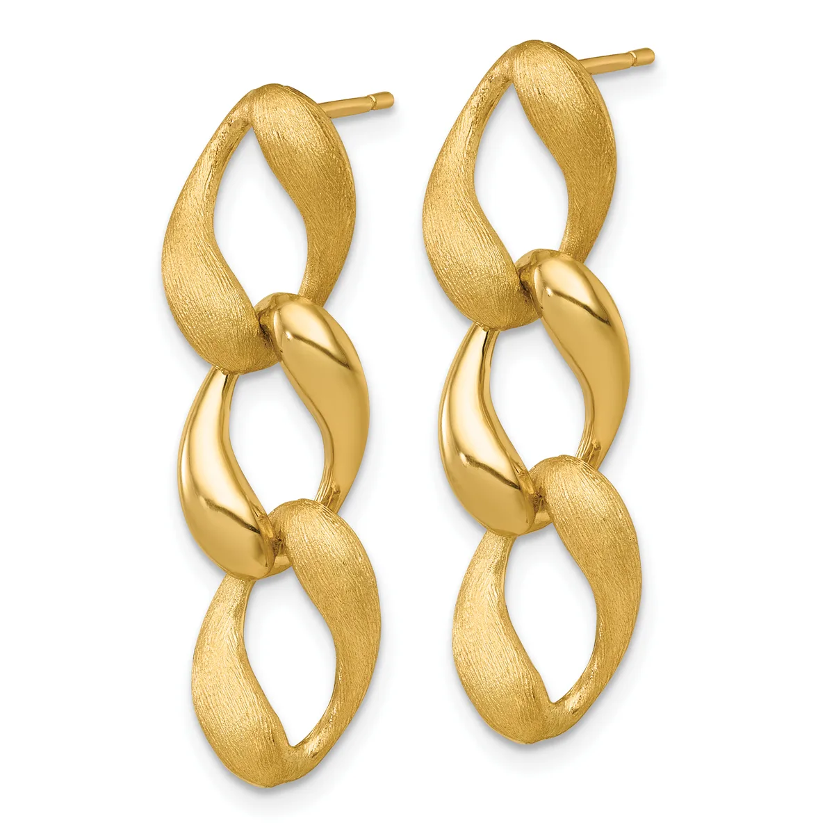 Pair of gold-toned drop earrings featuring three connected oval links with alternating brushed and polished finishes, displayed against a white background.