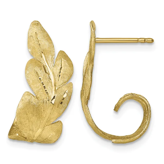 Pair of gold leaf-shaped stud earrings with textured surface detail and matching curved hook earrings displayed against a white background.