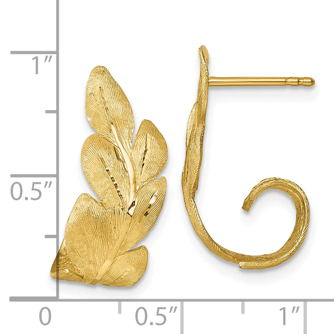Pair of gold earrings with leaf-shaped studs and curved hook backs, displayed against a measurement scale showing approximately one inch in height.
