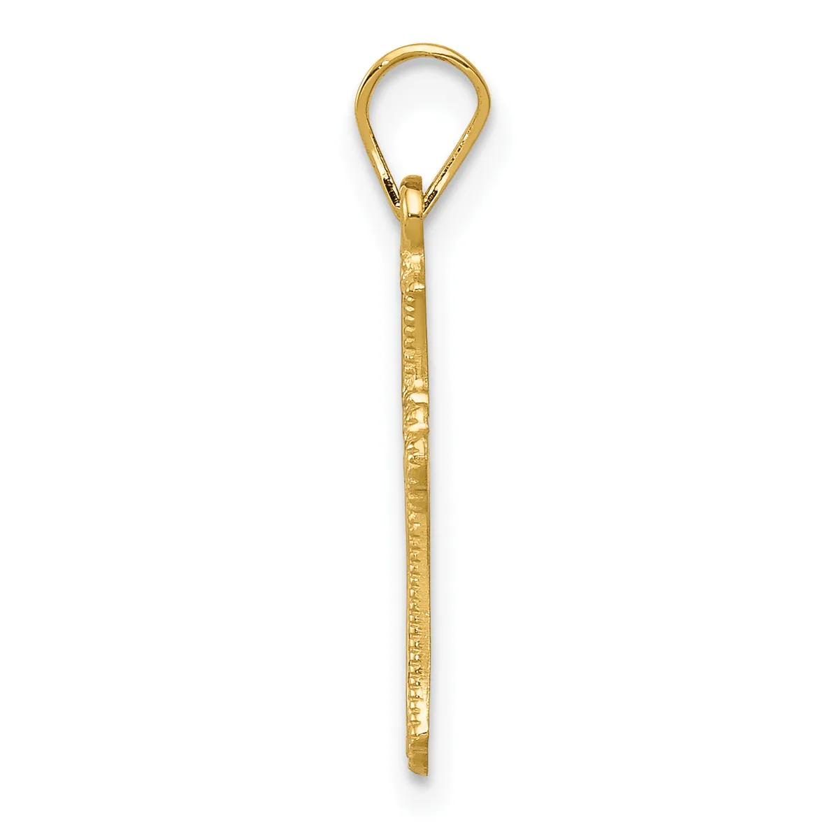 A long, thin gold pendant with a teardrop-shaped loop at the top and textured surface along its length, shown against a white background.