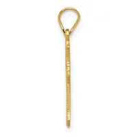 A long, thin gold pendant with a teardrop-shaped loop at the top and textured surface along its length, shown against a white background.
