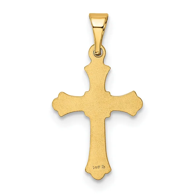 A gold cross pendant with flared ends and a small stamped hallmark, suspended from a gold bail.