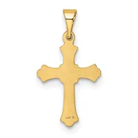 A gold cross pendant with flared ends and a small stamped hallmark, suspended from a gold bail.