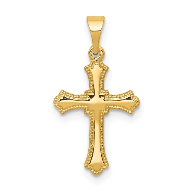 Gold cross pendant with decorative beaded borders and ornamental ends on the arms, suspended from a bail loop.
