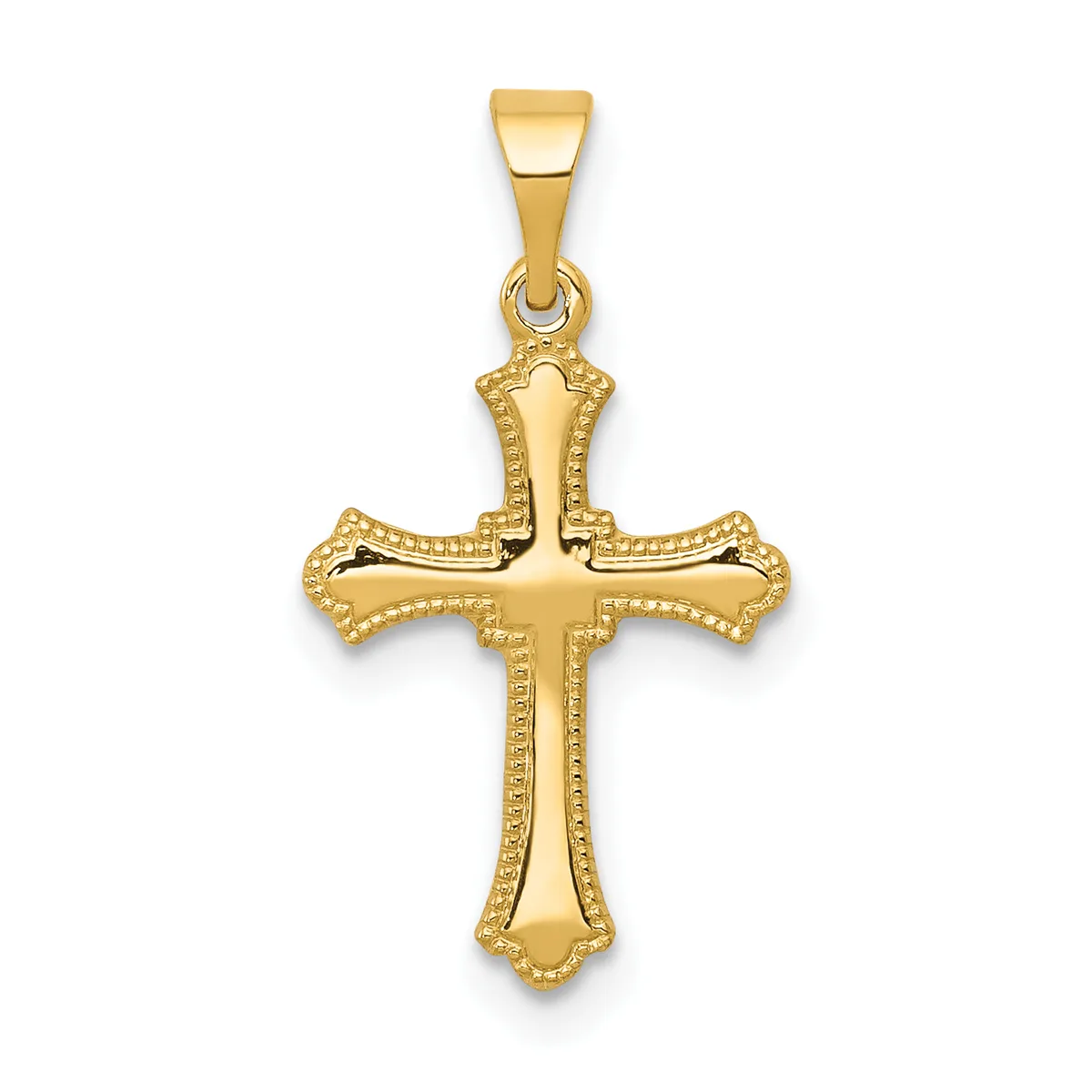 Gold cross pendant with decorative beaded borders and ornamental ends on the arms, suspended from a bail loop.