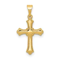 Gold cross pendant with decorative beaded borders and ornamental ends on the arms, suspended from a bail loop.