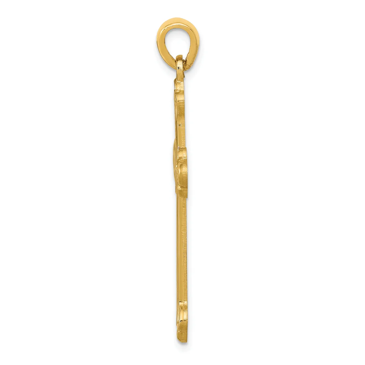 A long, slender gold pendant with a looped bail at the top and a tapered, textured shaft ending in a pointed bottom.