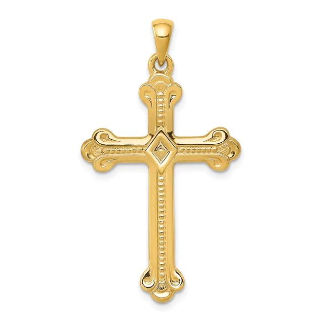 A gold cross pendant with ornate curved ends and a diamond-shaped center detail, suspended from a gold bail.