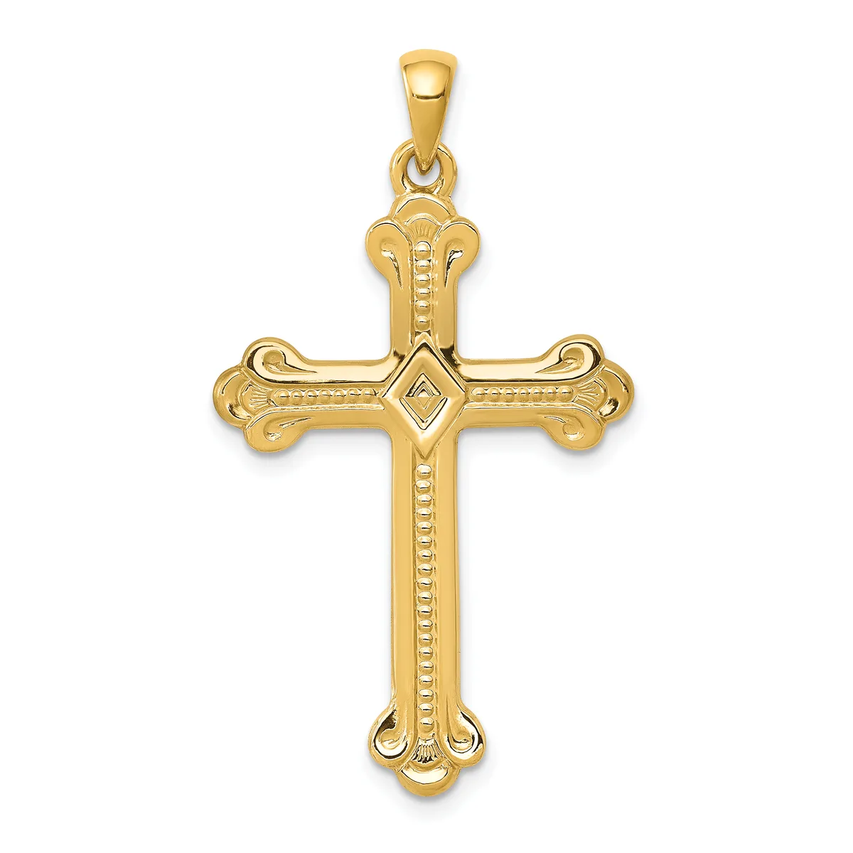 A gold cross pendant with ornate curved ends and a diamond-shaped center detail, suspended from a gold bail.