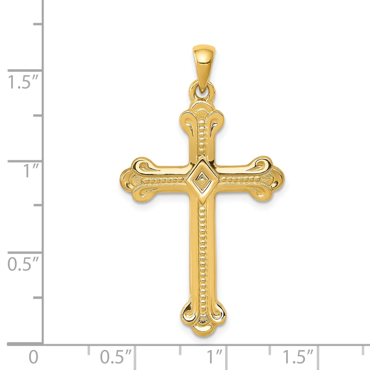 Gold cross pendant with ornate curved ends and a diamond-shaped center stone, shown next to a ruler measuring approximately 1.3 inches in height.
