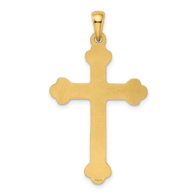 A gold cross pendant with rounded lobes at the ends of each arm and a small loop at the top for hanging, shown against a white background.