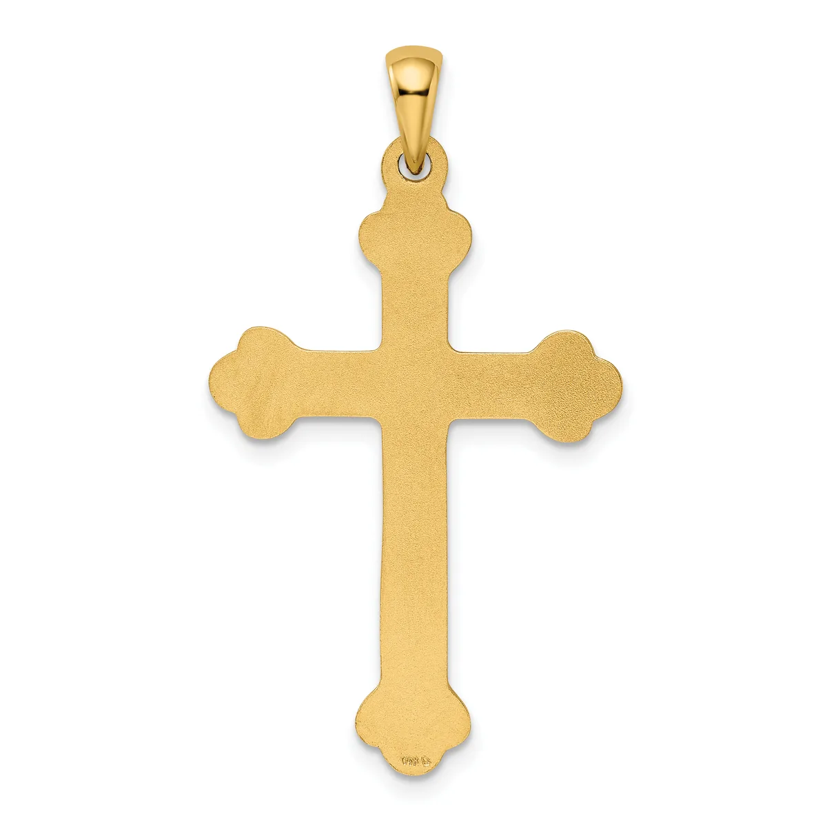 A gold cross pendant with rounded lobes at the ends of each arm and a small loop at the top for hanging, shown against a white background.