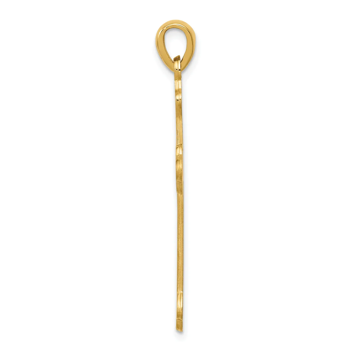 A long, thin gold pendant with a looped top and straight shaft, displayed vertically against a white background.