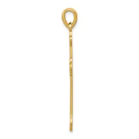 A long, thin gold pendant with a looped top and straight shaft, displayed vertically against a white background.