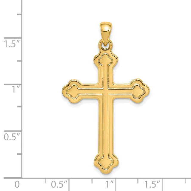 Gold-colored cross pendant with decorative quatrefoil terminals at each endpoint, shown against a measurement scale indicating approximately 1.5 inches in height.