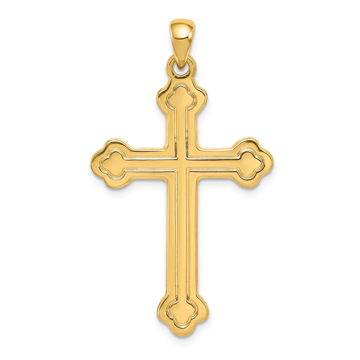 A gold cross pendant with decorative quatrefoil terminals at each end and vertical ridged detailing, shown against a white background.