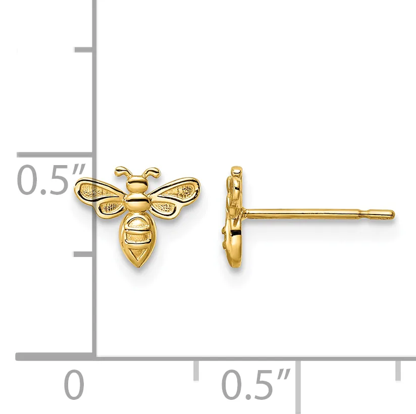 Gold bee stud earrings shown front and side view next to a ruler indicating approximately 0.5 inches in length.