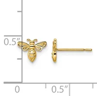 Gold bee stud earrings shown front and side view next to a ruler indicating approximately 0.5 inches in length.