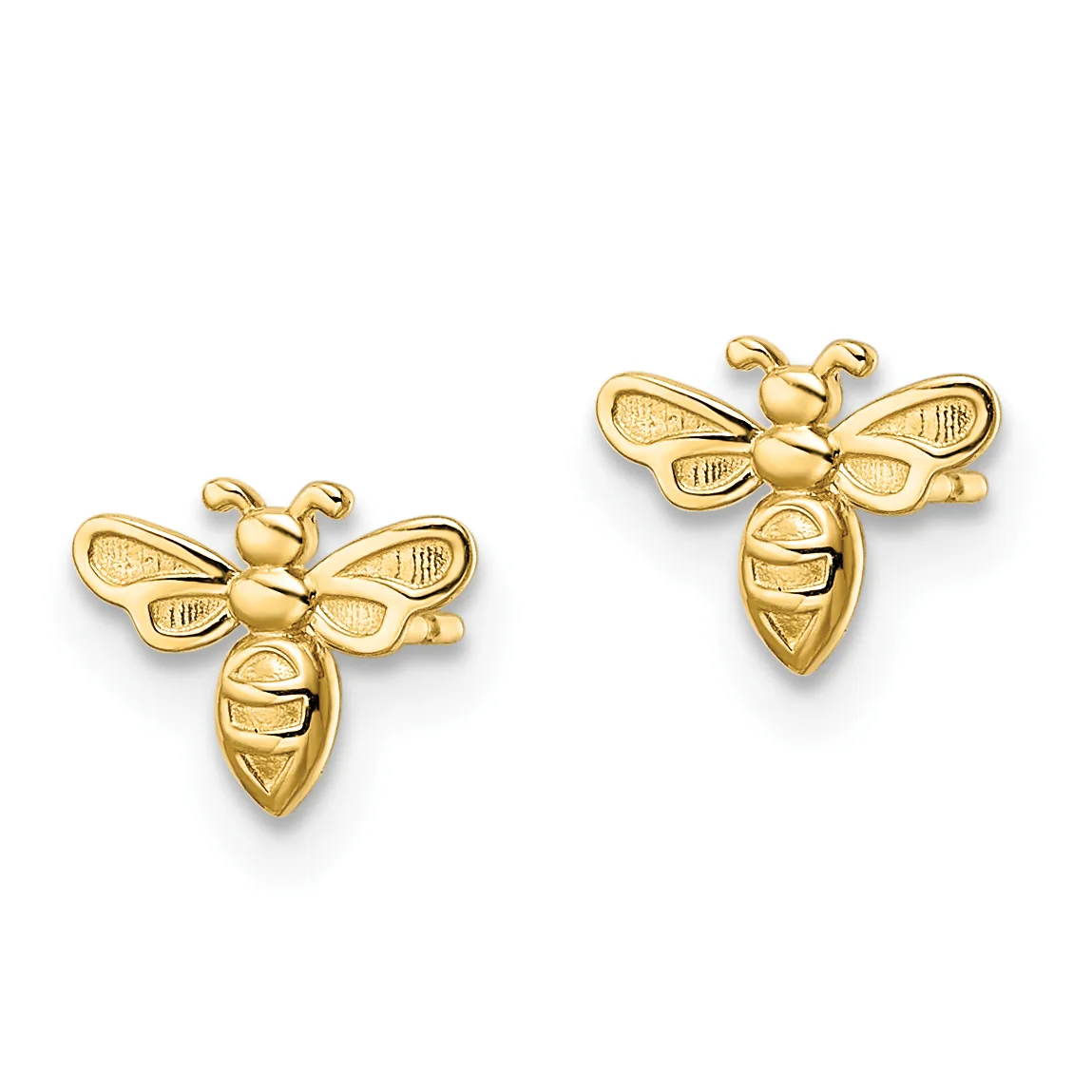 Two gold bee-shaped stud earrings with detailed wings and segmented bodies, shown from the front.