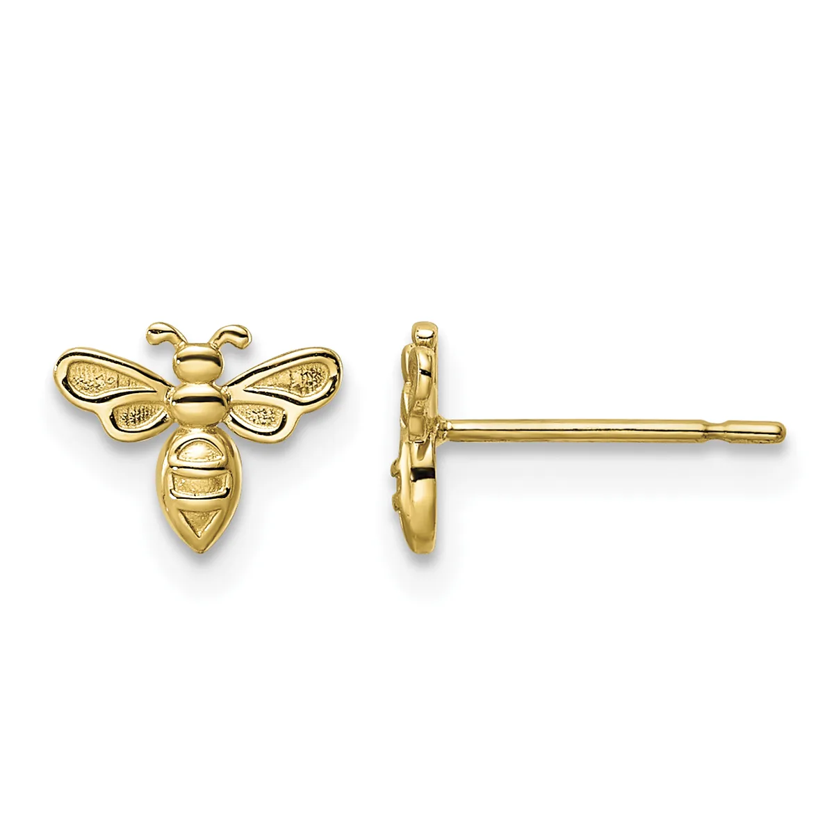 Pair of gold bee-shaped stud earrings shown from front and side views, featuring detailed wings and segmented body with a post and backing.