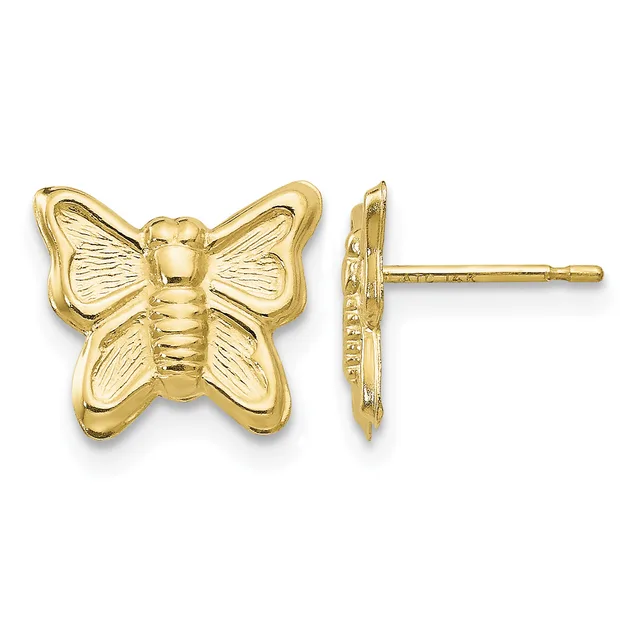 A pair of gold butterfly stud earrings shown from front and side views, featuring detailed wing textures and posts.