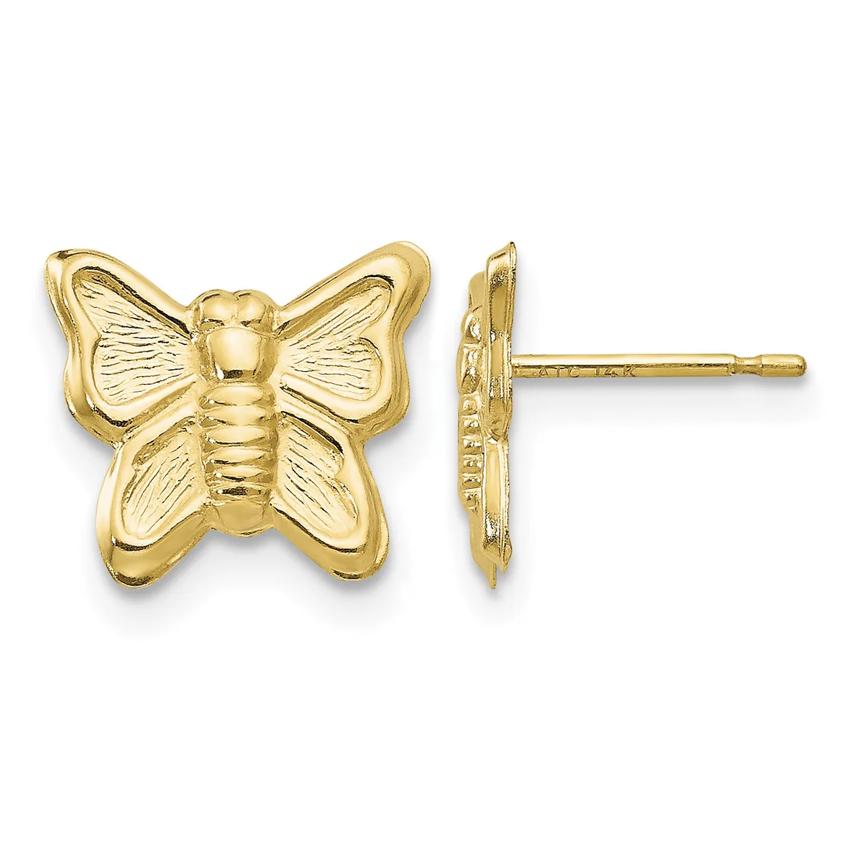 A pair of gold butterfly stud earrings shown from front and side views, featuring detailed wing textures and posts.