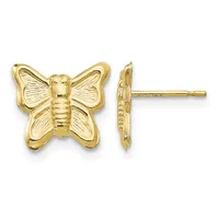 A pair of gold butterfly stud earrings shown from front and side views, featuring detailed wing textures and posts.